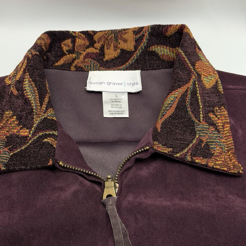 Susan Graver Jacket Large Purple Faux Suede Zip Front SW Tapestry Trim Stretch L - Picture 3 of 9